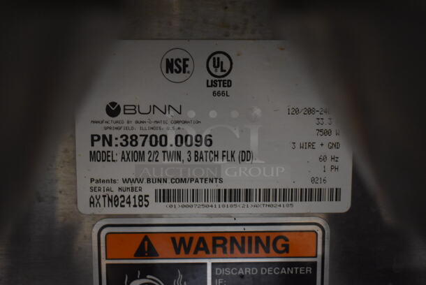 2016 Bunn AXIOM 2/2 TWIN Stainless Steel Commercial Countertop 4 Burner Coffee Machine w/ 2 Metal Brew Baskets and 4 Coffee Pots. 120/208-240 Volts, 1 Phase. 16x18x23 - Image 3 of 6
