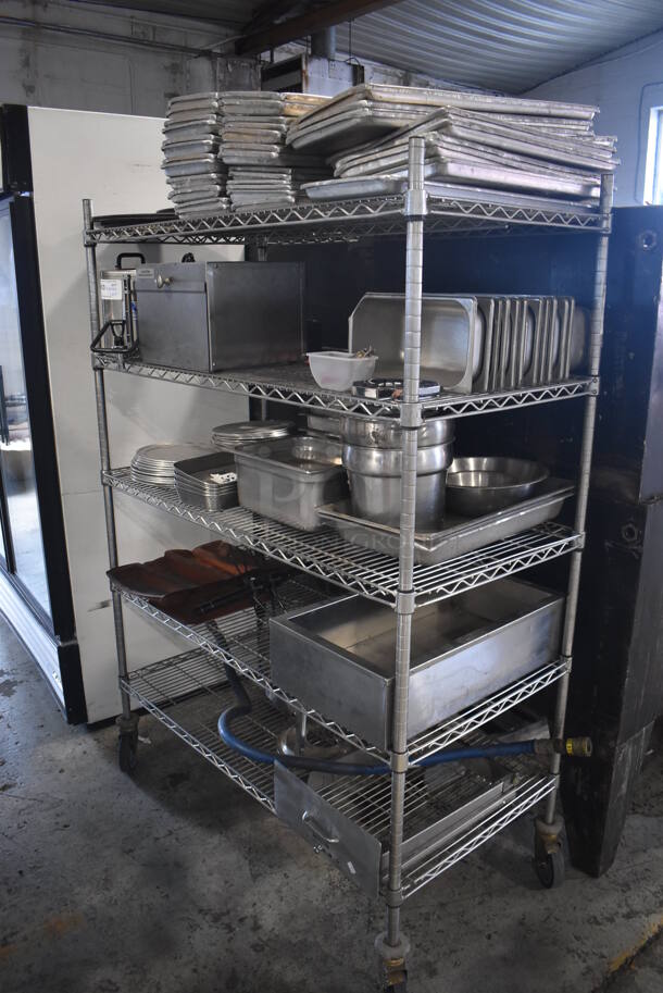 ALL ONE MONEY! 5 Tiers of Various Items Including Metal Trays, Stainless Steel Drop In Bins, Baking Pan Liners, Gas Hose. Does Not Include Shelving Unit.