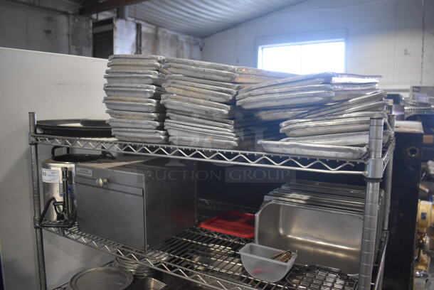 ALL ONE MONEY! 5 Tiers of Various Items Including Metal Trays, Stainless Steel Drop In Bins, Baking Pan Liners, Gas Hose. Does Not Include Shelving Unit. - Image 2 of 4