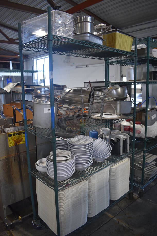 ALL ONE MONEY! 4 Tiers of Various Items Including Poly Trays, Chafing Dish Frames, Poly Bowls and Stainless Steel Bins. Does Not Include Shelving Unit.