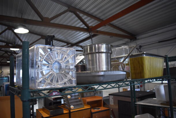 ALL ONE MONEY! 4 Tiers of Various Items Including Poly Trays, Chafing Dish Frames, Poly Bowls and Stainless Steel Bins. Does Not Include Shelving Unit. - Image 2 of 7