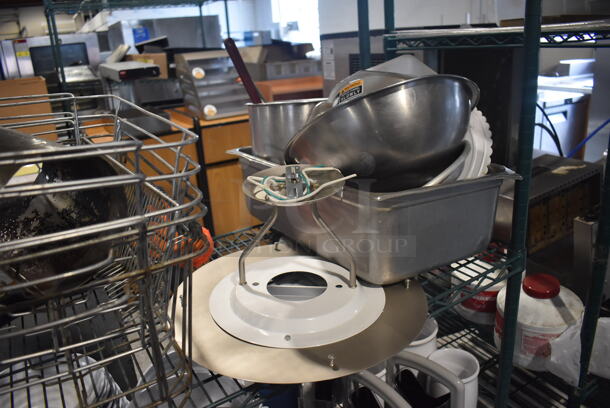 ALL ONE MONEY! 4 Tiers of Various Items Including Poly Trays, Chafing Dish Frames, Poly Bowls and Stainless Steel Bins. Does Not Include Shelving Unit. - Image 4 of 7