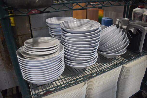ALL ONE MONEY! 4 Tiers of Various Items Including Poly Trays, Chafing Dish Frames, Poly Bowls and Stainless Steel Bins. Does Not Include Shelving Unit. - Image 5 of 7