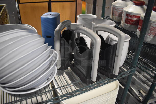 ALL ONE MONEY! 4 Tiers of Various Items Including Poly Trays, Chafing Dish Frames, Poly Bowls and Stainless Steel Bins. Does Not Include Shelving Unit. - Image 6 of 7