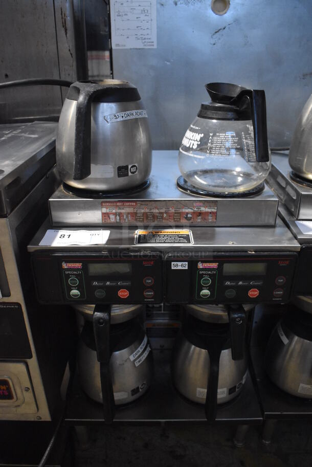 2014 Bunn AXIOM 2/2 TWIN Stainless Steel Commercial Countertop 4 Burner Coffee Machine w/ 2 Metal Brew Baskets and 4 Coffee Pots. 120/208-240 Volts, 1 Phase. 16x18x23