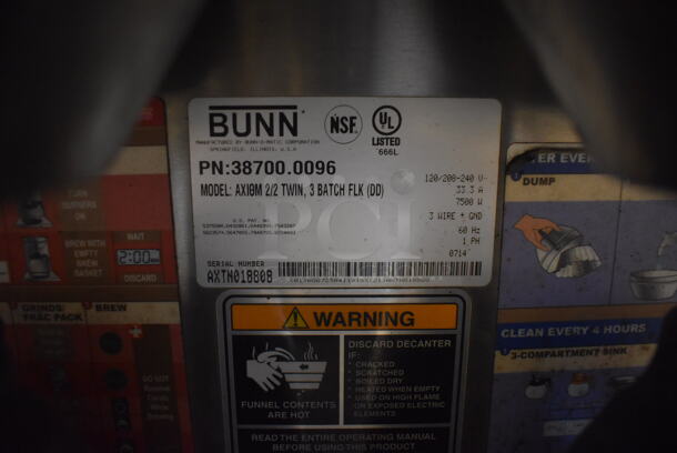 2014 Bunn AXIOM 2/2 TWIN Stainless Steel Commercial Countertop 4 Burner Coffee Machine w/ 2 Metal Brew Baskets and 4 Coffee Pots. 120/208-240 Volts, 1 Phase. 16x18x23 - Image 6 of 6