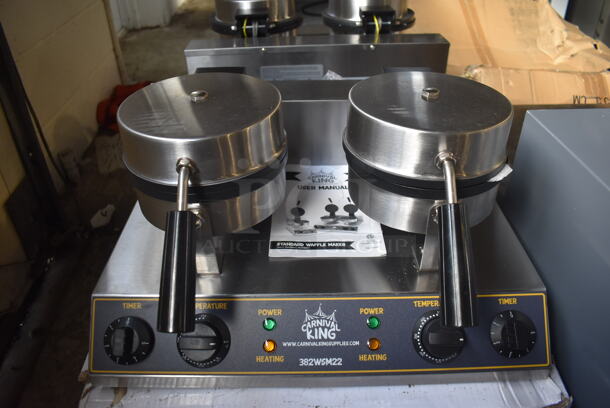BRAND NEW IN BOX! Carnival King 382WSM22 Stainless Steel Commercial Countertop Non-Stick Double Waffle Maker with Timers. 120 Volts, 1 Phase. 20x16x11. Tested and Working! - Image 1 of 9