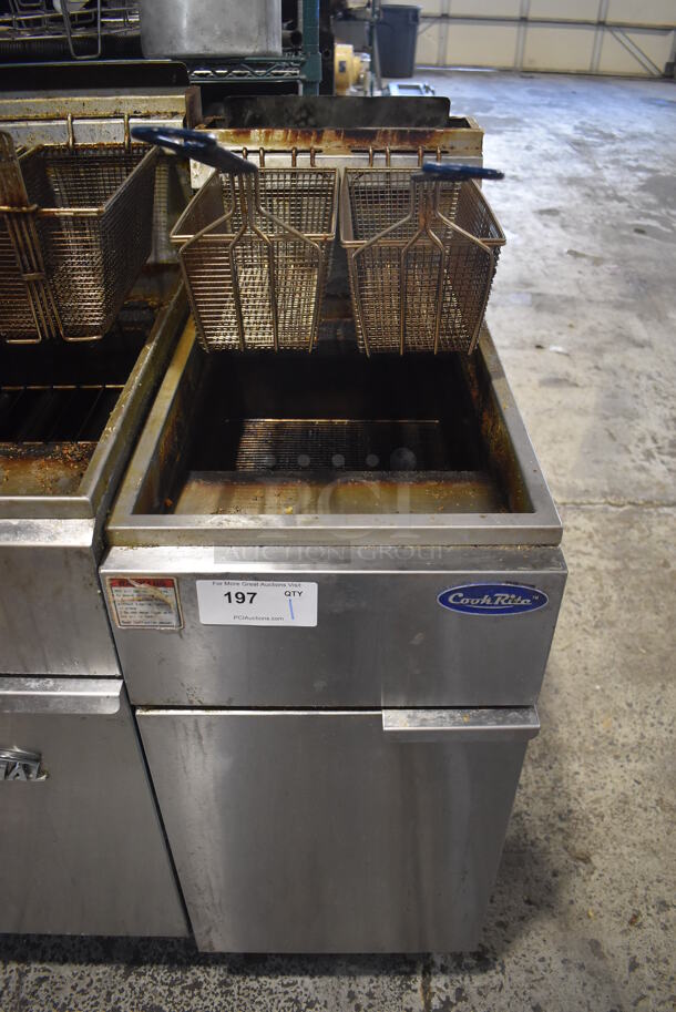 2016 Cook Rite ATFS-50 Stainless Steel Commercial Floor Style Natural Gas Powered Deep Fat Fryer w/ 2 Metal Fry Baskets on Commercial Casters. 136,000 BTU. 15.5x31x45