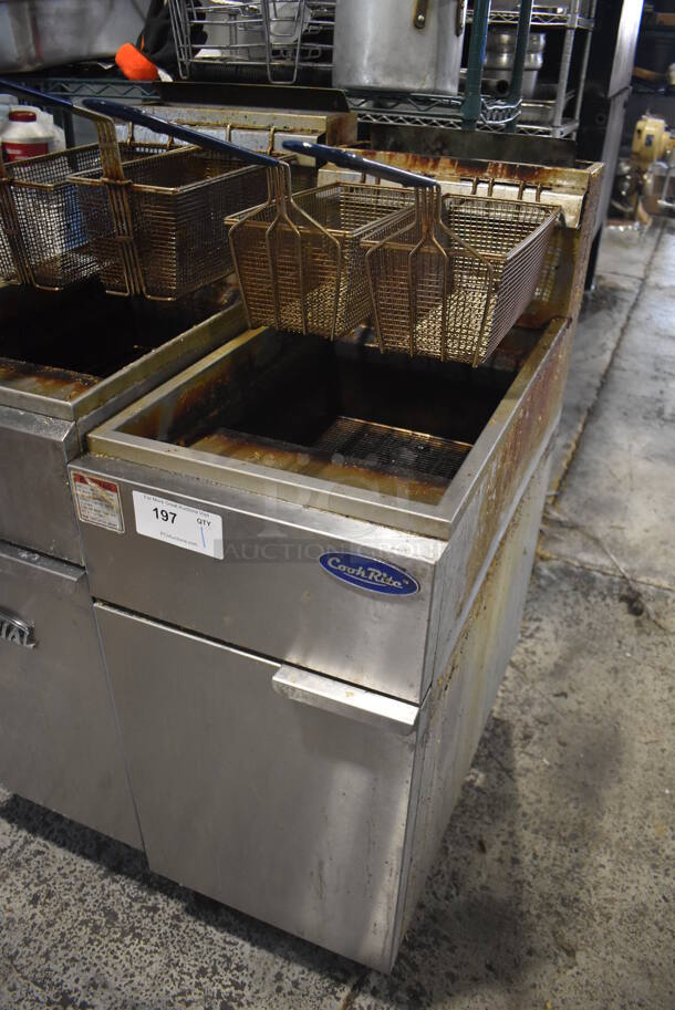 2016 Cook Rite ATFS-50 Stainless Steel Commercial Floor Style Natural Gas Powered Deep Fat Fryer w/ 2 Metal Fry Baskets on Commercial Casters. 136,000 BTU. 15.5x31x45 - Image 2 of 6