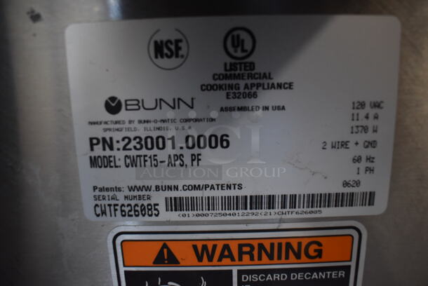 2020 Bunn CWTF15-APS Stainless Steel Commercial Countertop Coffee Machine w/ Hot Water Dispenser. 120 Volts, 1 Phase. 8x20x27 - Image 4 of 4