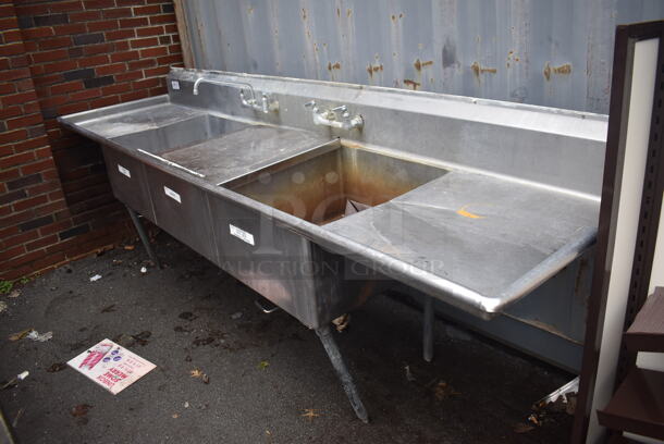 Stainless Steel Commercial 2 Bay Sink w/ Dual Drain Boards, Faucet and 2 Handle Sets. 124x32x45. Bays 22x26x13. Drain Boards 24x29x1