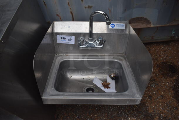 Stainless Steel Commercial Single Bay Wall Mount Sink w/ Faucet, Handles and Side Splash Guards. 17x16x14