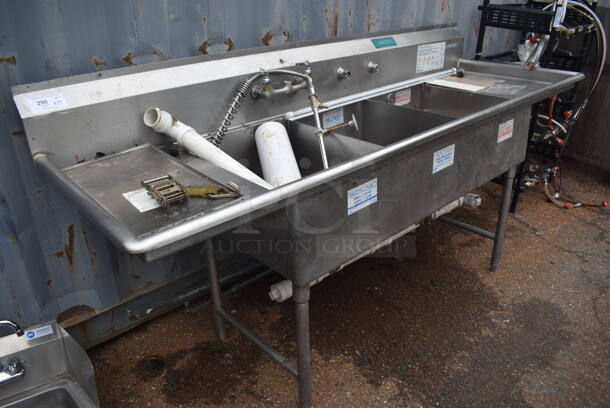 Stainless Steel Commercial 3 Bay Sink w/ Dual Drain Boards. 90x30x44. Bays 18x24x10. Drain Boards 16x26x1