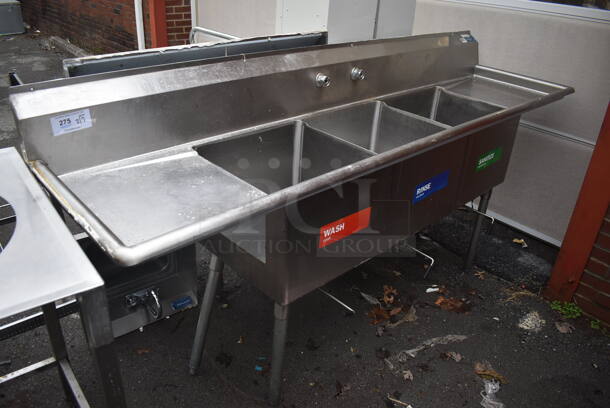 Stainless Steel Commercial 3 Bay Sink w/ Dual Drain Boards. 90x24x45. Bays 18x18x14. Drain Boards 16x20x1