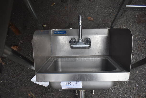 Stainless Steel Single Bay Wall Mount Sink w/ Faucet, Handles and Side Splash Guards. 17x15x24