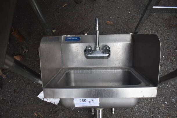 Stainless Steel Single Bay Wall Mount Sink w/ Faucet, Handles and Side Splash Guards. 17x15x24 - Image 1 of 4
