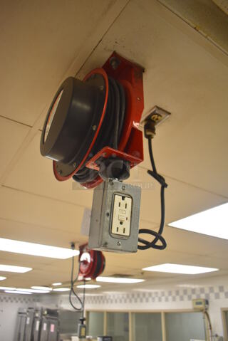 4 Reelcraft LK 4545 123 7A Metal Ceiling Mounted Extension Cord on Reel. BUYER MUST REMOVE. 13x9x20. 4 Times Your Bid! (Pastry Kitchen)