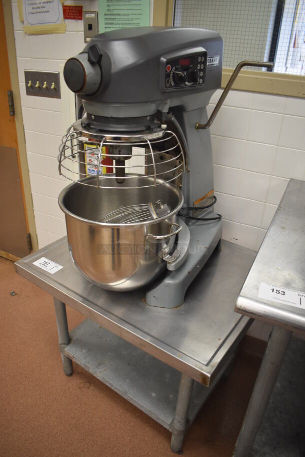 Hobart Legacy HL200 Metal Commercial Countertop 20 Quart Planetary Dough Mixer w/ Stainless Steel Mixing Bowl, Bowl Guard and Whisk Attachment on Stainless Steel Commercial Equipment Stand w/ Under Shelf. 100-120 Volts, 1 Phase. 17x23x30, 30x24x24. Tested and Working! (Restaurant Kitchen)