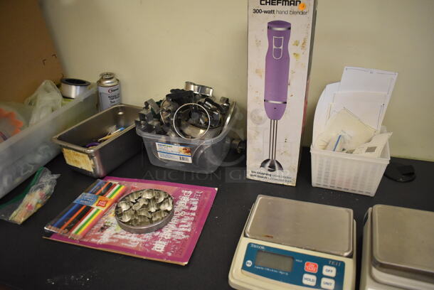 ALL ONE MONEY! Lot of 2 Tables w/ Contents Including 2 Scales, Cookie Cutters and Icing Tips. BUYER MUST REMOVE. 66x24x29. (Computer Demo Lab 2) - Image 3 of 7
