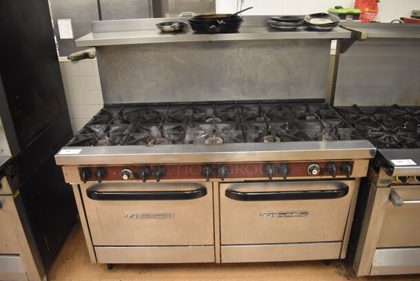 Southbend Stainless Steel Commercial Natural Gas Powered 10 Burner Range w/ 2 Ovens, Over Shelf and Back Splash. Does Not Include Contents. BUYER MUST REMOVE. 61x34x59. Tested and Working! (Restaurant Kitchen)