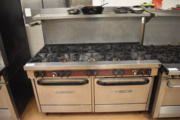 Southbend Stainless Steel Commercial Natural Gas Powered 10 Burner Range w/ 2 Ovens, Over Shelf and Back Splash. Does Not Include Contents. BUYER MUST REMOVE. 61x34x59. Tested and Working! (Restaurant Kitchen) - Image 1 of 8