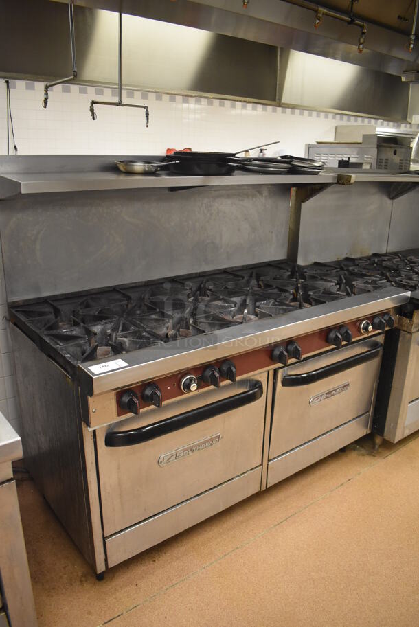Southbend Stainless Steel Commercial Natural Gas Powered 10 Burner Range w/ 2 Ovens, Over Shelf and Back Splash. Does Not Include Contents. BUYER MUST REMOVE. 61x34x59. Tested and Working! (Restaurant Kitchen) - Image 2 of 8