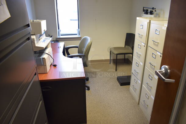 ALL ONE MONEY! Room Lot of Various Items Including Desk, 2 Chairs, Printer, Floor Style Scale and 5 Assorted Filing Cabinets. Does Not Include Gray Cabinet on Left Wall. BUYER MUST REMOVE. (Offices - Hallway by Facilities Closet)