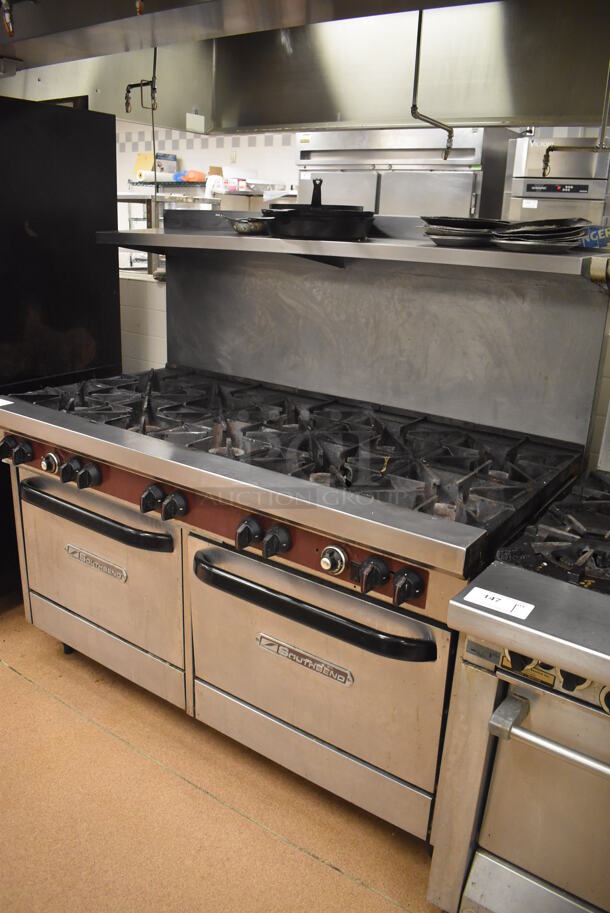 Southbend Stainless Steel Commercial Natural Gas Powered 10 Burner Range w/ 2 Ovens, Over Shelf and Back Splash. Does Not Include Contents. BUYER MUST REMOVE. 61x34x59. Tested and Working! (Restaurant Kitchen) - Image 3 of 8