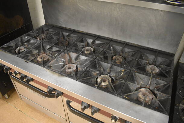 Southbend Stainless Steel Commercial Natural Gas Powered 10 Burner Range w/ 2 Ovens, Over Shelf and Back Splash. Does Not Include Contents. BUYER MUST REMOVE. 61x34x59. Tested and Working! (Restaurant Kitchen) - Image 4 of 8