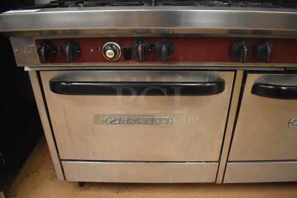 Southbend Stainless Steel Commercial Natural Gas Powered 10 Burner Range w/ 2 Ovens, Over Shelf and Back Splash. Does Not Include Contents. BUYER MUST REMOVE. 61x34x59. Tested and Working! (Restaurant Kitchen) - Image 6 of 8