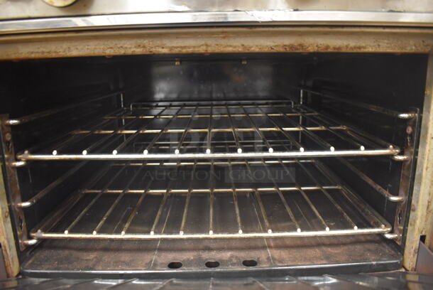 Garland M43R Stainless Steel Commercial Floor Style Natural Gas Powered 2 Burner Range w/ Flat Top, Oven, Over Shelf and Back Splash. BUYER MUST REMOVE. 34x38x58. Tested and Working! (Restaurant Kitchen) - Image 6 of 8
