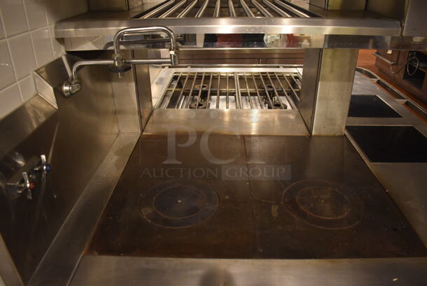 Viking Stainless Steel Commercial Gas Powered Prep Station w/ 4 Burner Charbroiler Style Grill, Oven, 2 Single Induction Burners, 2 Burner Hot Plate Grill, Convection Oven, Salamander Cheese Melter and Waring Mixer. BUYER MUST REMOVE. 87x65x74. Tested and Working! (Demo Kitchen) - Image 2 of 12