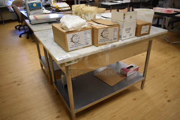 2 Regency Stainless Steel Table w/ Marble Countertop and Stainless Steel Under Shelf. Does Not Include Contents. 50x32x34. 2 Times Your Bid! (Computer Demo Lab 2)