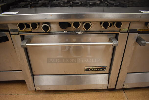 Garland M43R Stainless Steel Commercial Floor Style Natural Gas Powered 2 Burner Range w/ Flat Top, Oven, Over Shelf and Back Splash. BUYER MUST REMOVE. 34x38x58. Tested and Working! (Restaurant Kitchen) - Image 8 of 8