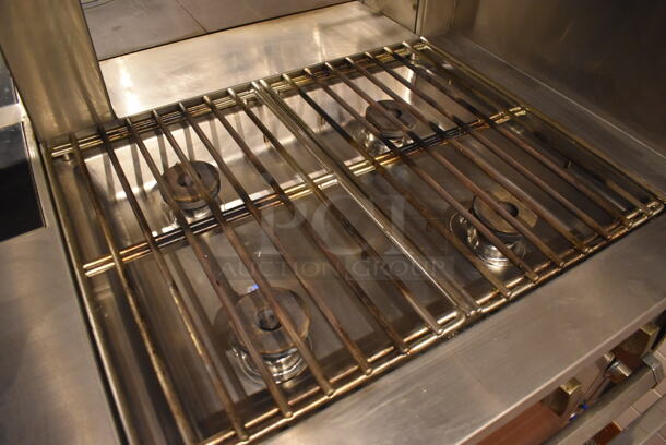 Viking Stainless Steel Commercial Gas Powered Prep Station w/ 4 Burner Charbroiler Style Grill, Oven, 2 Single Induction Burners, 2 Burner Hot Plate Grill, Convection Oven, Salamander Cheese Melter and Waring Mixer. BUYER MUST REMOVE. 87x65x74. Tested and Working! (Demo Kitchen) - Image 9 of 12