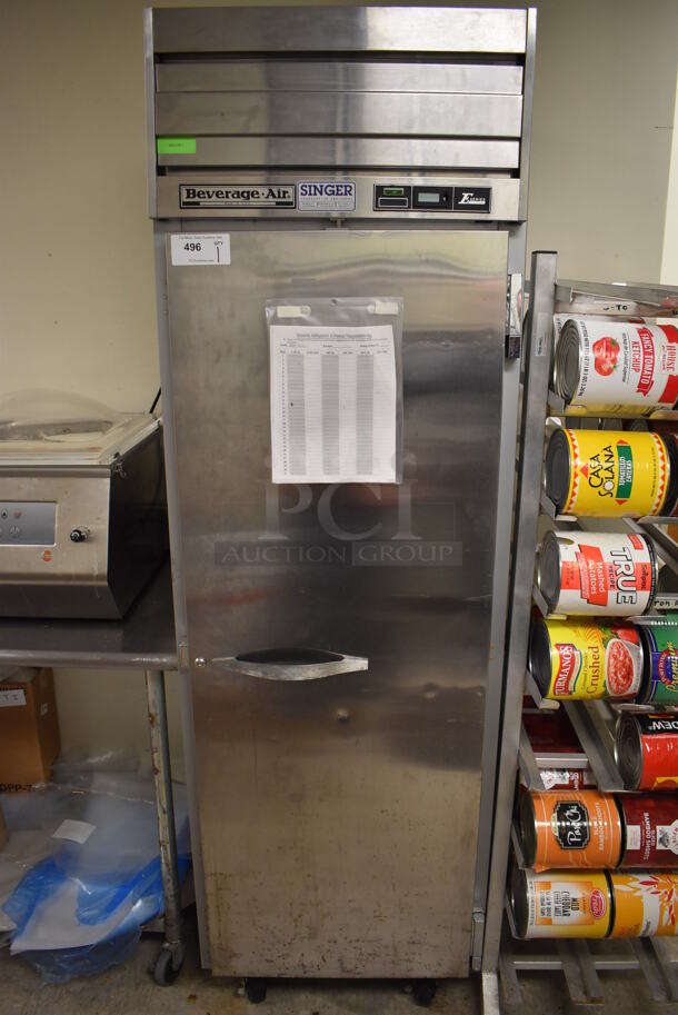Beverage Air EF24-1AS Stainless Steel Commercial Single Door Reach In Freezer w/ Poly Coated Racks on Commercial Casters. 115 Volts, 1 Phase. 25x32x84. Tested and Working! (Store Room) - Image 1 of 6