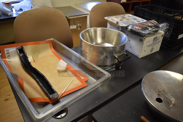 ALL ONE MONEY! Lot of 3 Black Tables w/ 3 Chairs and Contents Including Pizza Paddles and Poly Moulds. BUYER MUST REMOVE. Includes 66x24x29, 21x20x38. (Computer Demo Lab 2) - Image 3 of 5