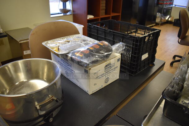 ALL ONE MONEY! Lot of 3 Black Tables w/ 3 Chairs and Contents Including Pizza Paddles and Poly Moulds. BUYER MUST REMOVE. Includes 66x24x29, 21x20x38. (Computer Demo Lab 2) - Image 4 of 5