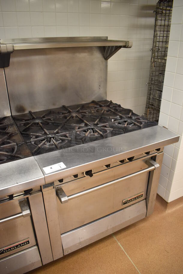 Garland M43R Stainless Steel Commercial Floor Style Natural Gas Powered 2 Burner Range w/ Flat Top, Oven, Over Shelf and Back Splash. BUYER MUST REMOVE. 34x38x58. Tested and Working! (Pastry Kitchen) - Image 2 of 8