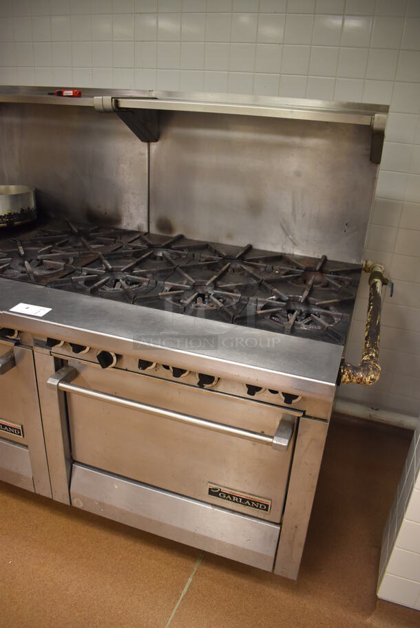 Garland M43R Stainless Steel Commercial Floor Style Natural Gas Powered 2 Burner Range w/ Flat Top, Oven, Over Shelf and Back Splash. BUYER MUST REMOVE. 34x38x58. Tested and Working! (Pastry Kitchen) - Image 3 of 8