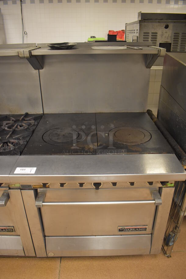 Garland M45R Stainless Steel Commercial Floor Style Natural Gas Powered 2 Burner Range w/ Oven, Over Shelf and Back Splash. BUYER MUST REMOVE. 34x38x58. Tested and Working! (Restaurant Kitchen)