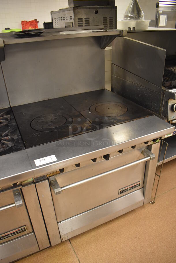Garland M45R Stainless Steel Commercial Floor Style Natural Gas Powered 2 Burner Range w/ Oven, Over Shelf and Back Splash. BUYER MUST REMOVE. 34x38x58. Tested and Working! (Restaurant Kitchen) - Image 2 of 7
