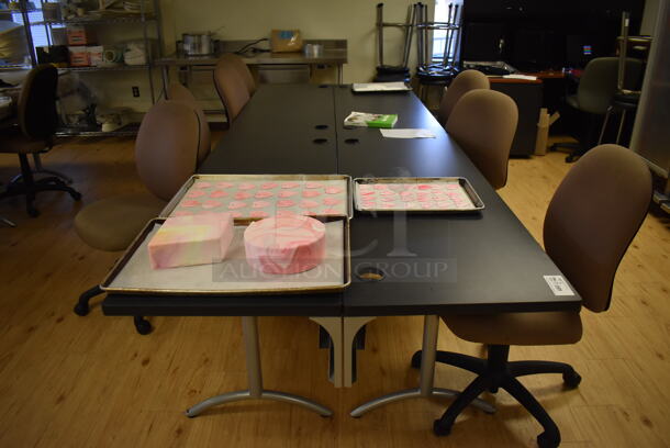 ALL ONE MONEY! Lot of 4 Black Tables w/ 7 Chairs. Does Not Include Contents. Includes 66x24x29, 21x20x38. (Computer Demo Lab 2) - Image 2 of 3
