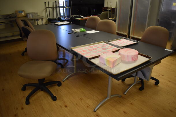 ALL ONE MONEY! Lot of 4 Black Tables w/ 7 Chairs. Does Not Include Contents. Includes 66x24x29, 21x20x38. (Computer Demo Lab 2) - Image 3 of 3