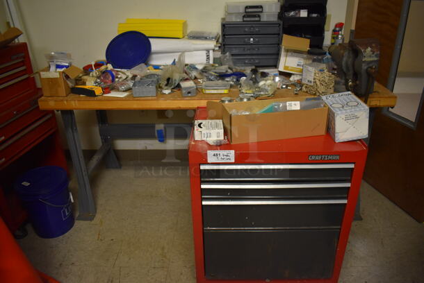 ALL ONE MONEY! Lot of 2 Craftsman Toolboxes, Wooden Table and Contents. BUYER MUST REMOVE. Includes 72x36x34. (Maintenance Room)