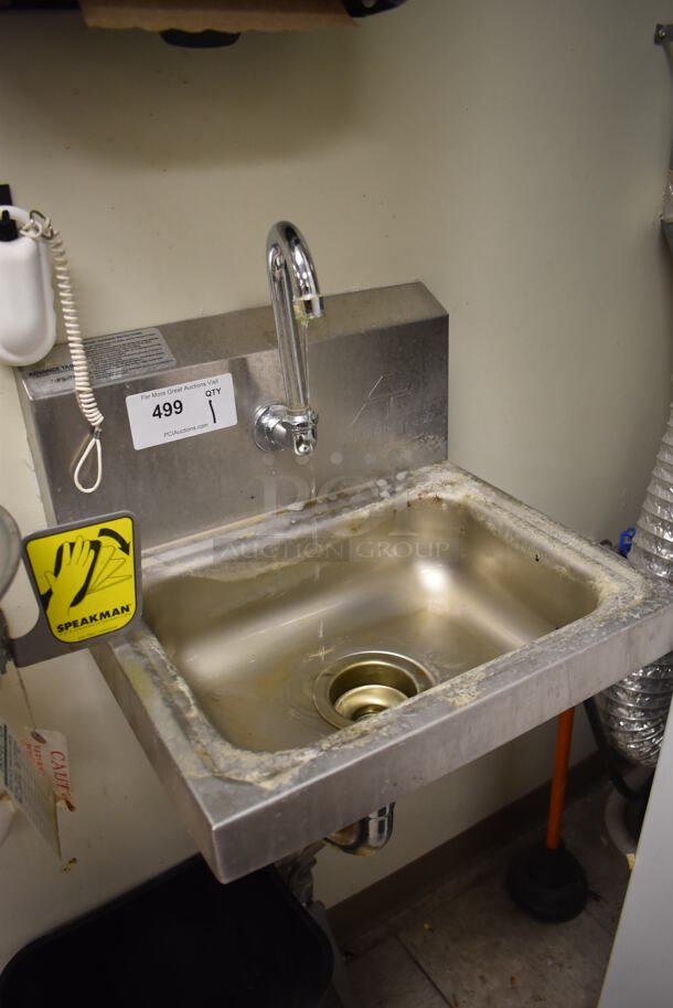 Advance Tabco Stainless Steel Commercial Single Bay Wall Mount Sink w/ Faucet and Foot Pedals. BUYER MUST REMOVE. 17.5x15.5x19. (Store Room) - Image 2 of 4