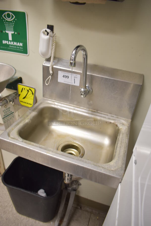 Advance Tabco Stainless Steel Commercial Single Bay Wall Mount Sink w/ Faucet and Foot Pedals. BUYER MUST REMOVE. 17.5x15.5x19. (Store Room) - Image 3 of 4