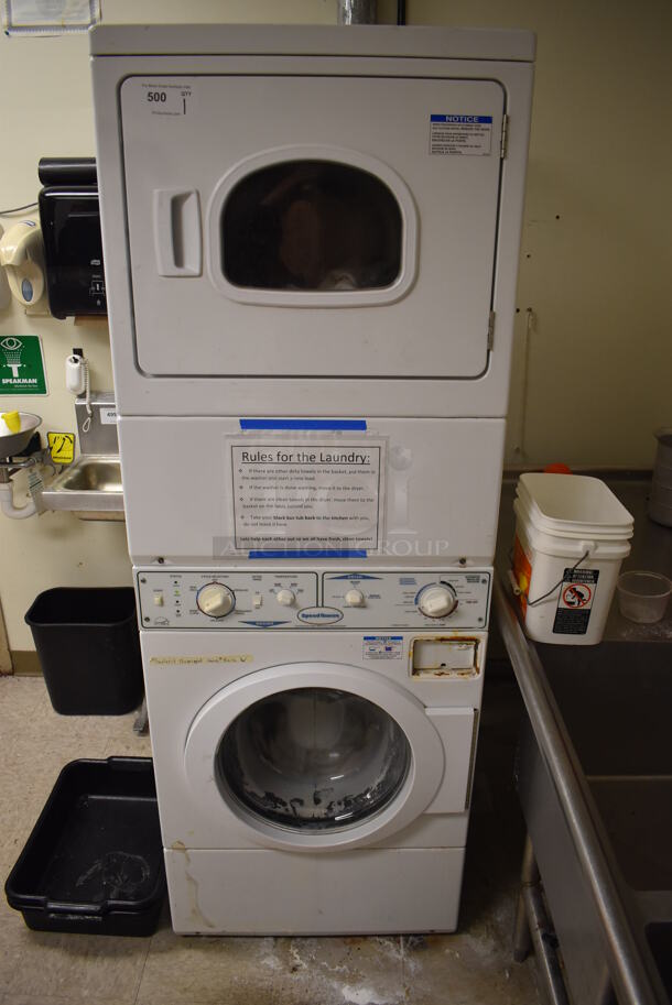 Alliance Stacked Front Load Washer and Dryer Unit. Model LTSA9AWN 120 Volts, 1 Phase Washer. 27x28x76. (Store Room)
