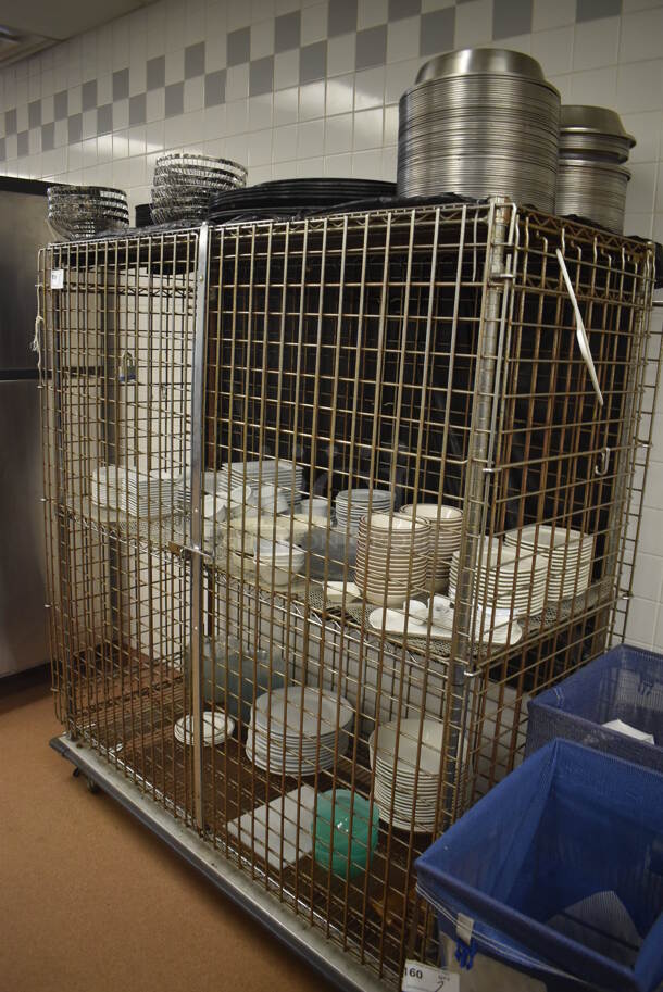 Chrome Finish 3 Tier Wire Shelving Unit w/ Liquor Cage on Commercial Casters. Comes w/ Contents Including Plates, Serving Trays and Metal Baskets. BUYER MUST DISMANTLE. PCI CANNOT DISMANTLE FOR SHIPPING. PLEASE CONSIDER FREIGHT CHARGES. 62x27x68. (Restaurant Kitchen) - Image 6 of 6