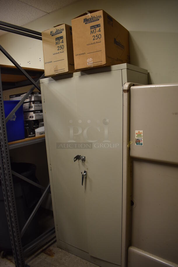 ALL ONE MONEY! Wall Lot of Gray Metal Shelving Unit w/ Contents and Tan Filing Cabinet. BUYER MUST REMOVE. Includes 102x36x96. (Maintenance Room) - Image 3 of 4